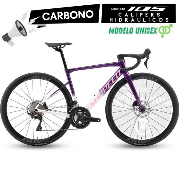 Bicicleta de Ruta Carbono Sunpeed Invincible Sport Shimano 105 Violeta Blanca