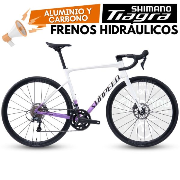 Bicicleta de Ruta Aluminio y Carbono Sunpeed Astro Shimano Tiagra Violeta Blanca
